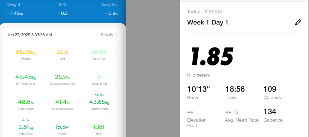 Screen displaying fitness data including weight, BMI, body fat, and activity metrics for Week 1 Day 1.